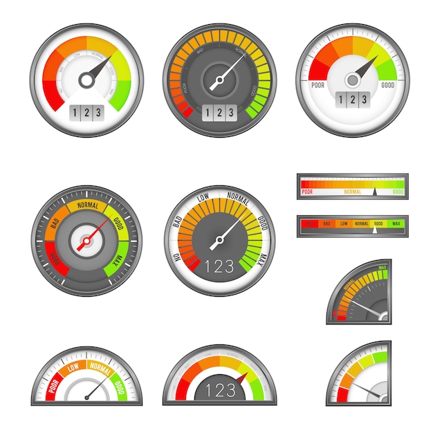 score indicator. speedometer indicators level score, scale panel accelerate rating, rate credit gauge vector set