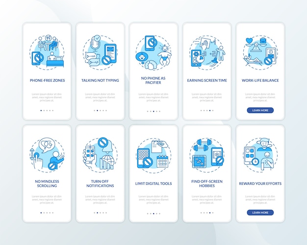 screen addiction reducing onboarding mobile app page screen with concepts set