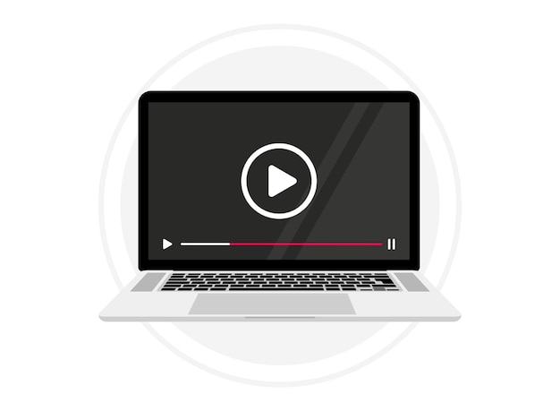 screen laptop with video player on screen. computer with mock up live stream window. notebook with video player. concept of online video, movie, education, web course webinar, training, video tutorial
