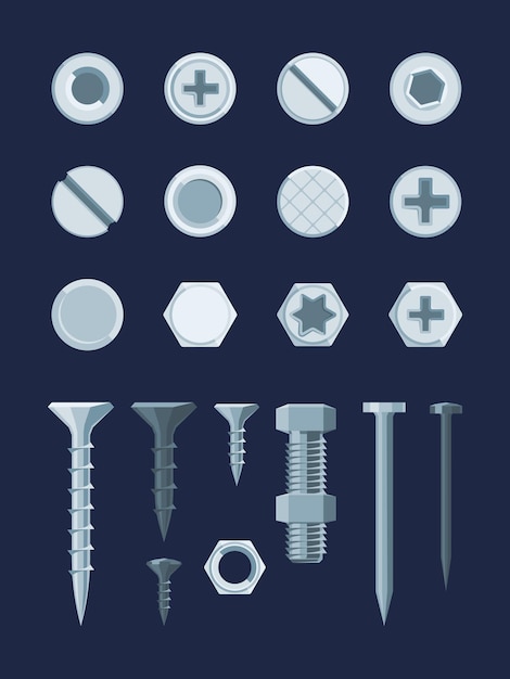 screw bolt nail set. fixing self tapping screw bolt with nut top side view construction carpentry nails various types caps hexagon star diagonal round.
