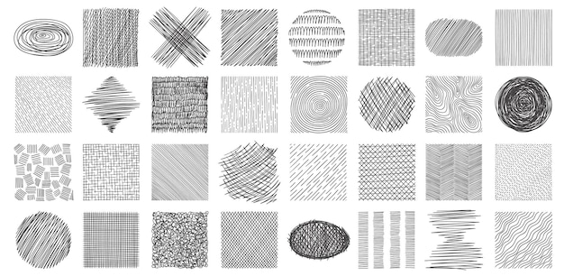 Scribble hatch textures Dirty lines and scratches of various shapes creative abstract strokes and hatching effect Vector doodle strokes and scribbles isolated set