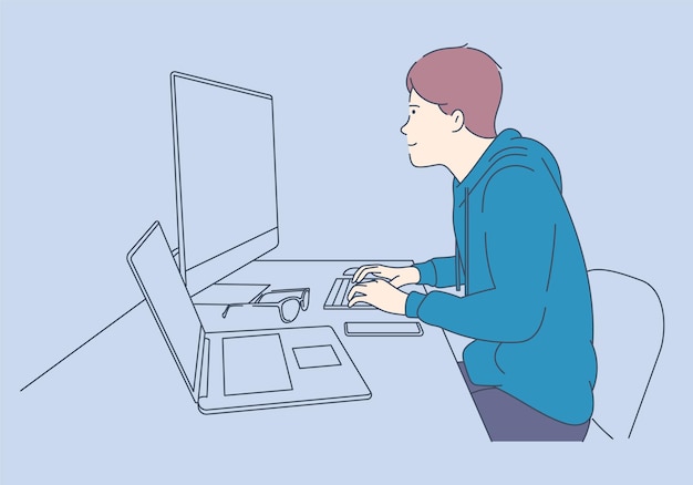 Scriptkodning og programmering i php python javascript andre sprog. Ung programmør koncentreret om et arbejdsprojekt. Udvikling af programmerings- og kodningsteknologier