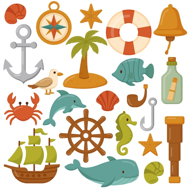 Sea life set shark dolphin seahorse starfish whale fish octopus crab boat compass bottle palm e t