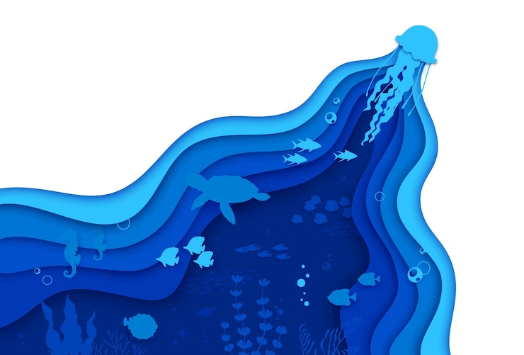 Vektör sea paper cut jellyfish turtle and fish shoals