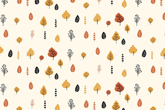 Seamless Autumn Pattern Black Leaves and Trees on White Background
