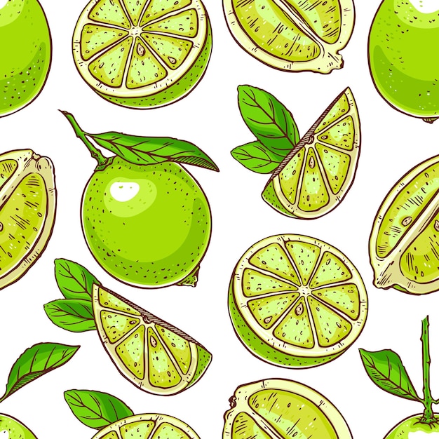 Seamless background of cute limes. hand-drawn illustration