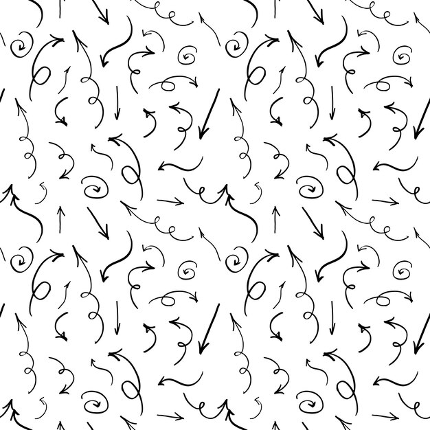 Seamless background of hand drawn arrows. Vector pattern, black doodle elements on white.