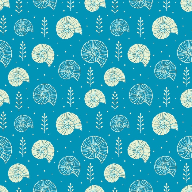 Seamless background with ammonites and sea shells in sketch