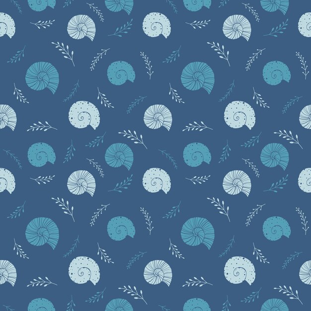 Seamless background with sea shells in sketch style