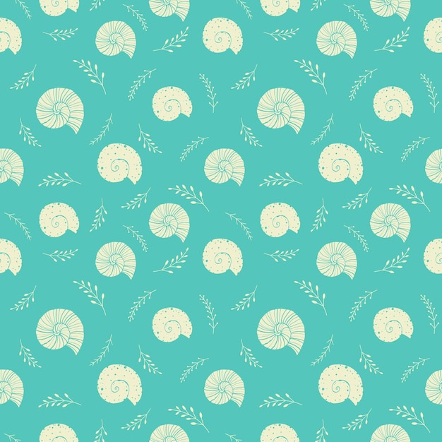 Seamless background with sea shells in sketch style