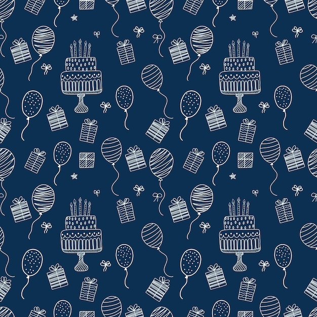 Seamless birthday pattern with handdrawn cake balloons and gift boxes on dark background Perfect