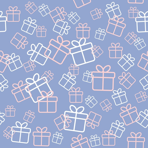 seamless blue pattern with line art gift boxes