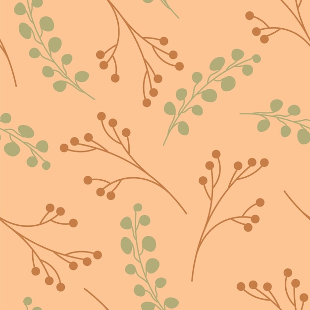Seamless botanical pattern with autumn branches and foliage on brown background.