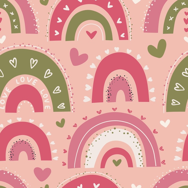 Seamless childish pattern with cute rainbows and rain clouds in doodle style Colored flat vector illustration of nursery design for printing