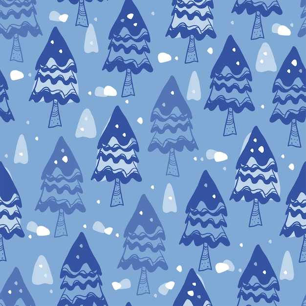 Seamless christmas pattern background with blue pine tree and white snowflakes
