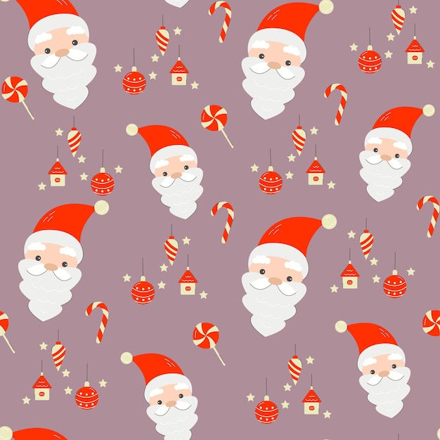Seamless Christmas pattern with cartoon Santa and lollipops on a pink background Wrapping paper
