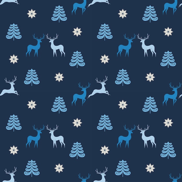 Seamless christmas pattern with deers and christmas trees on blue background