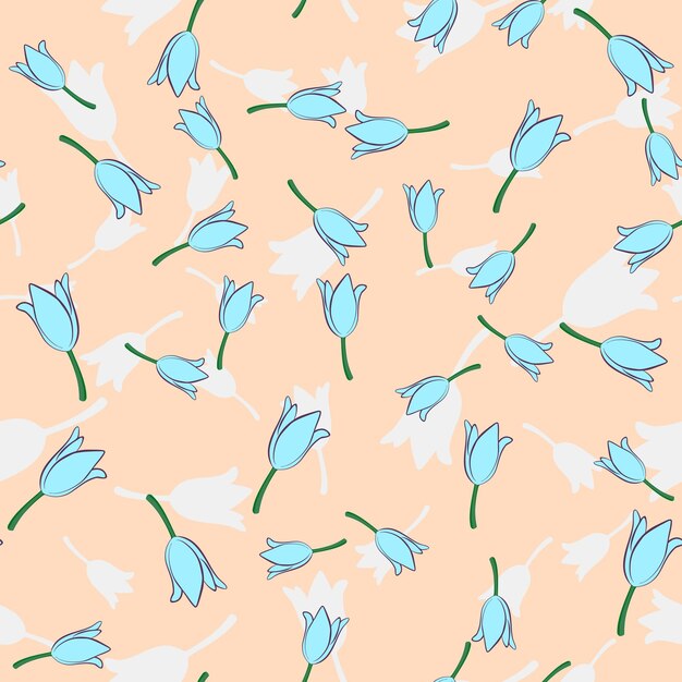 Seamless floral pattern with cute cartoon color flowers, doodle original vector drawing