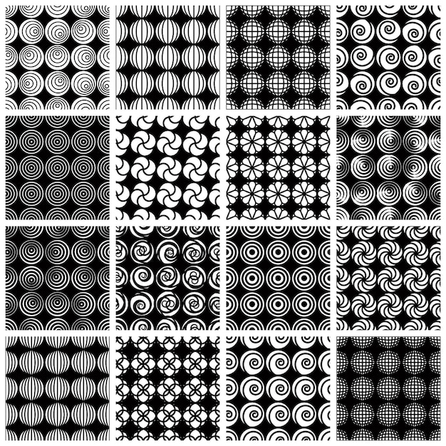 Seamless geometric patterns, retro style black and white vector backgrounds collection, 16 examples set.