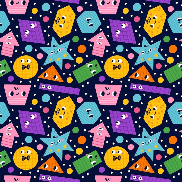 Seamless geometric shapes emotions Funny basic figures characters Doodle abstract kids print design with smiling cute faces Happy emoji Baby colorful learning background Vector childish pattern