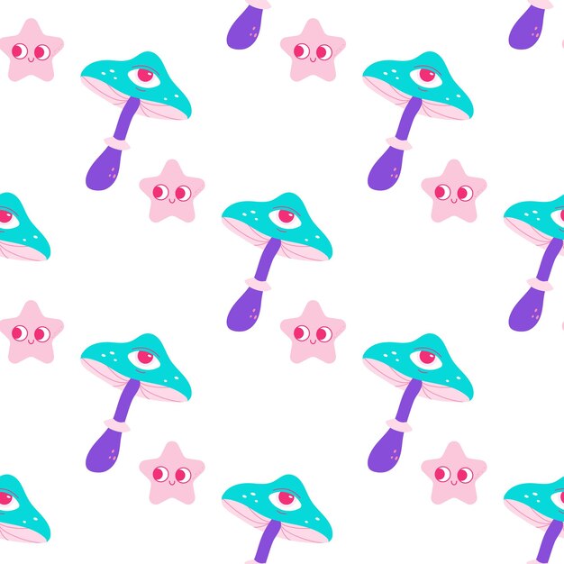 seamless groovy pattern mushrooms psychedelic style 70's background textile
