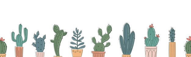 Seamless Horizontal Pattern with Cactus in pots Vector Background