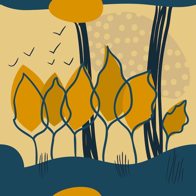 seamless landscape pattern with leaves, trees, abstract elements