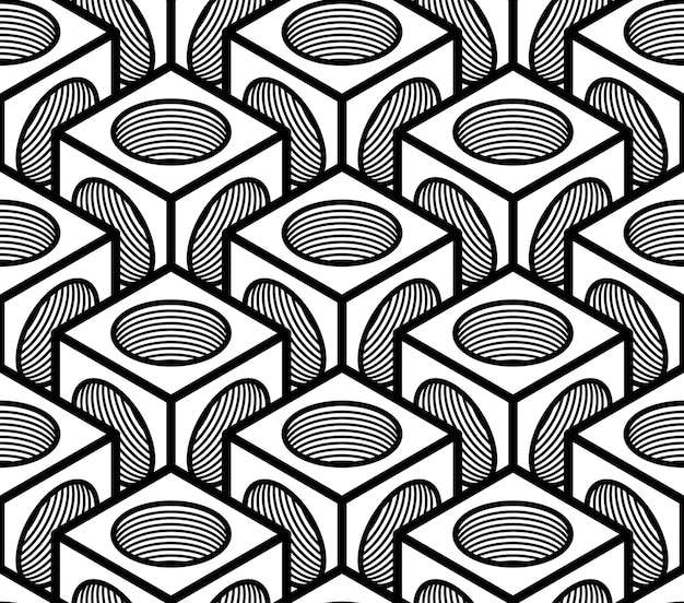 Seamless optical ornamental pattern with three-dimensional geometric figures. Intertwine black and white composition.