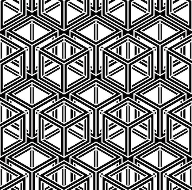 seamless optical ornamental pattern with three-dimensional geometric figures. intertwine black and white composition.