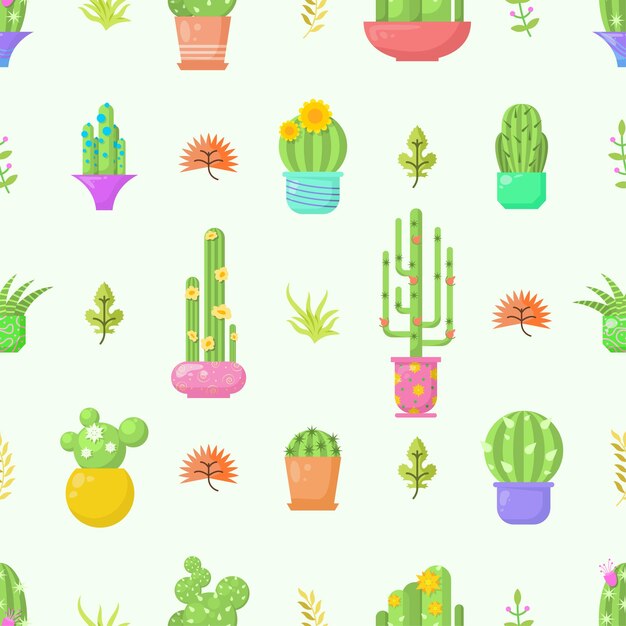 Seamless Pattern Abstract Elements Different Cactus Plant Botanic Vector Design Style Background