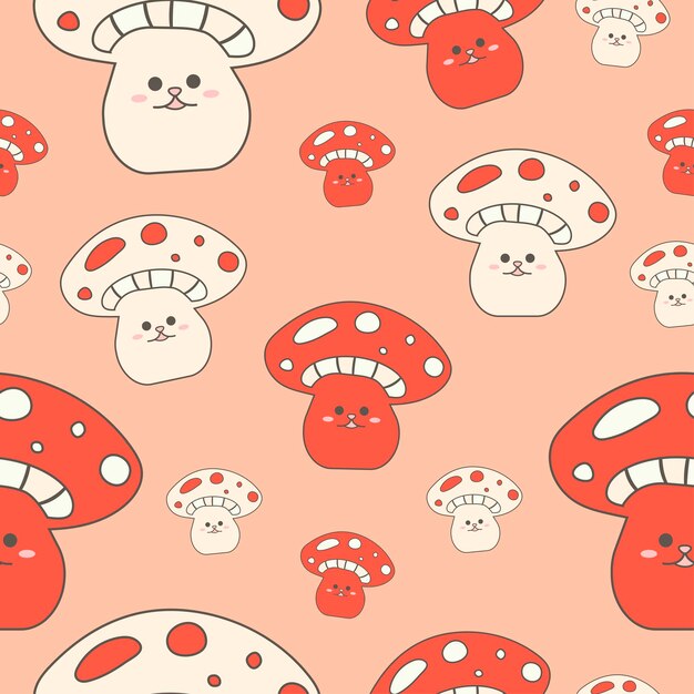seamless pattern background with smiling amanitas red and small in hippie style