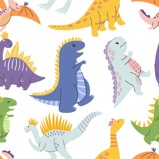 Seamless Pattern Featuring Adorable Cartoon Dinosaurs In Vibrant Colors Perfect For Adding Playful Charm To Any Project Or Decor Tile Background Wallpaper Textile for Kids Vector Illustration