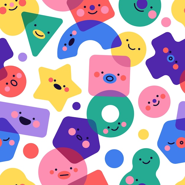 Seamless pattern geometric shapes with emotions Funny color characters different simple bright figures abstract kids background Decor textile wrapping paper wallpaper vector print