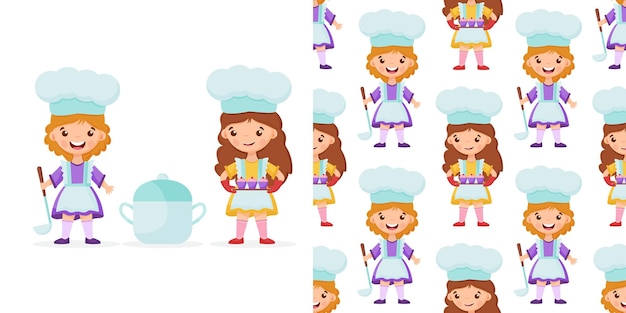 Seamless pattern girl Chef with Ladle saucepan and cute little girl chef holds a cupcakes
