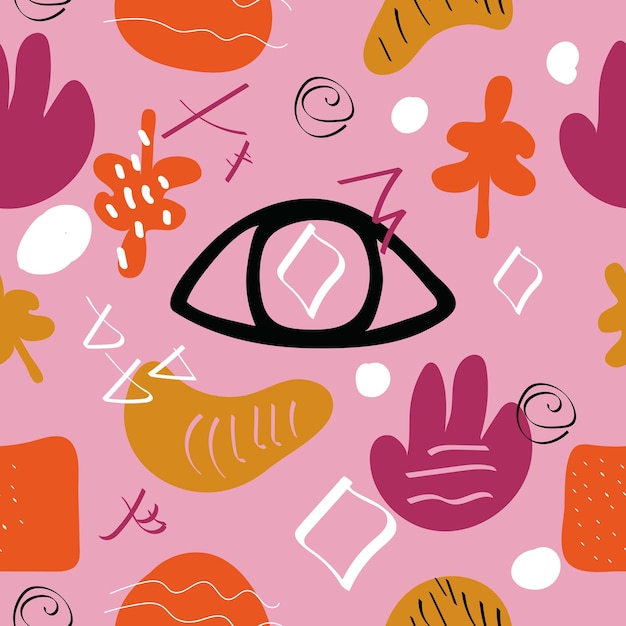Seamless pattern hand drawn abstract modern bright shapes and objects on pink background