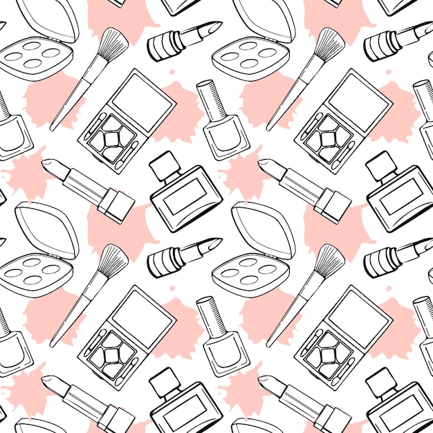 Seamless pattern, hand-drawn cosmetics on a background with blots. Makeup background, textile