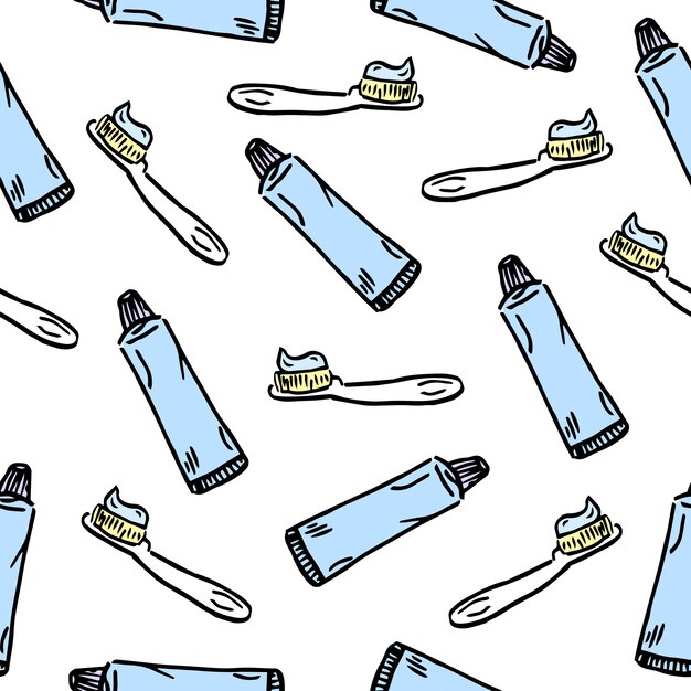 Seamless pattern handle toothbrush with toothpaste for brushing teeth dental cartoon vector flat style cute
