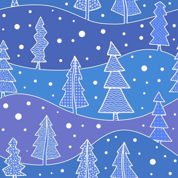 Seamless pattern hills and trees vector background on a winter