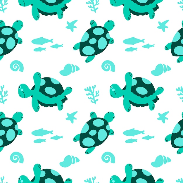 Seamless pattern illustration graphic colorfull silhouette of turtle with seaweed