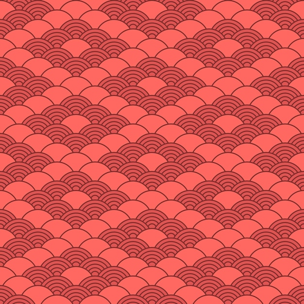 Seamless pattern in chinese style Coral red oriental background with waves