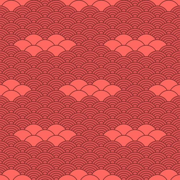 Seamless pattern in chinese style Coral red oriental background with waves