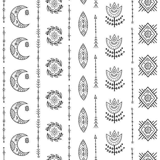 seamless pattern in scandinavian folk style flowers arrows moon and other decorative elements in the form of children's drawings for backgrounds fabrics wrapping paper