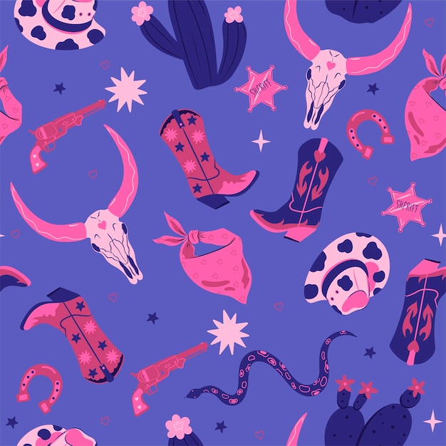 Seamless pattern in wild west style in pink and blue colors with cowboy items Vector graphics