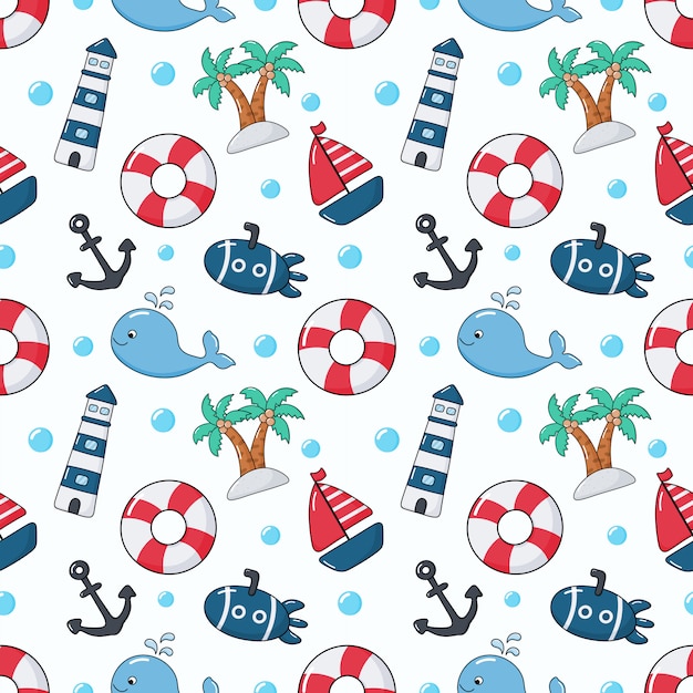 seamless pattern nautical icons cartoon style