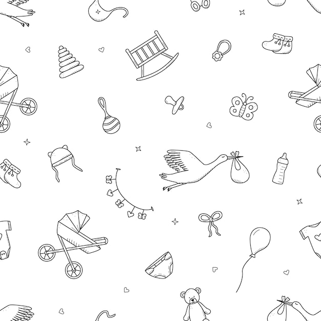Seamless Pattern Newborn icons set doodle style Vector illustration of elements for a baby