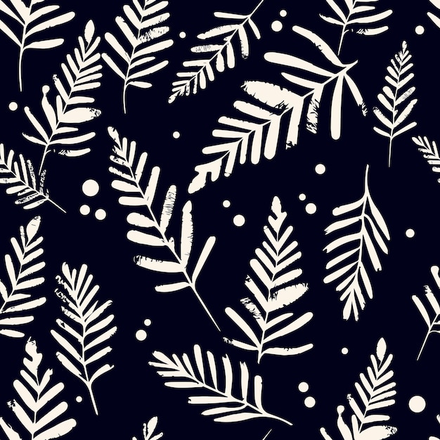 Seamless pattern of abstract plant leaves with dots from handdrawn doodles