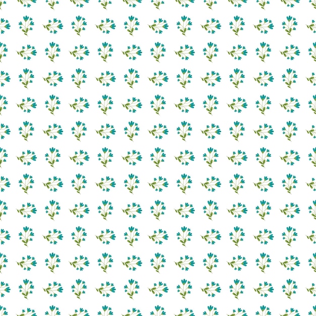Seamless Pattern of Bright Blue Flowers and Leaves on White Background