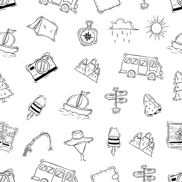 seamless pattern of camping icons with doodle or hand drawn style