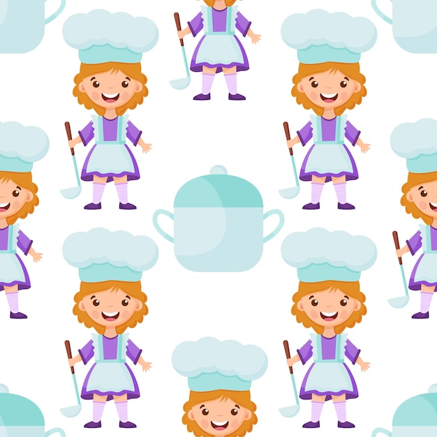 Seamless pattern of cartoon kitchen ware and cute child cook Vector children background