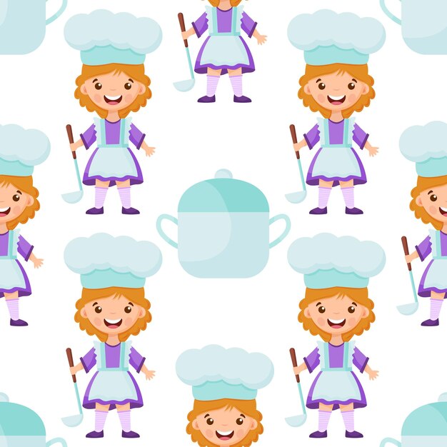 seamless pattern of cartoon kitchen ware and cute child cook vector children background